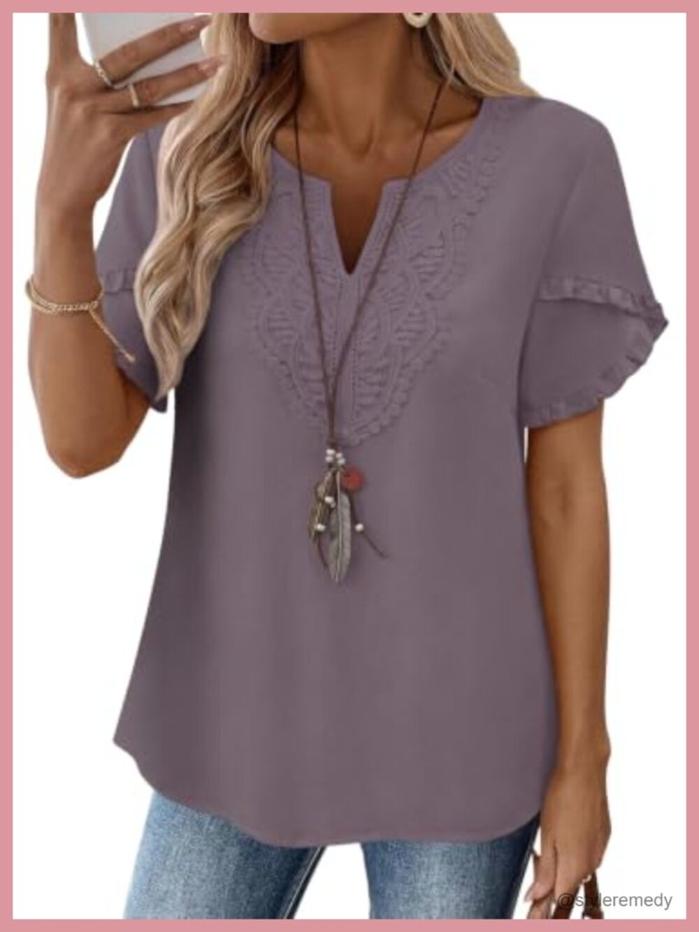 Womens Boho Lace V Neck Ruffle Sleeve Summer Blouse